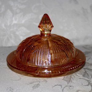 Iris Depression Iridescent Glass Butter Dish | Vintage Jeannette Herringbone